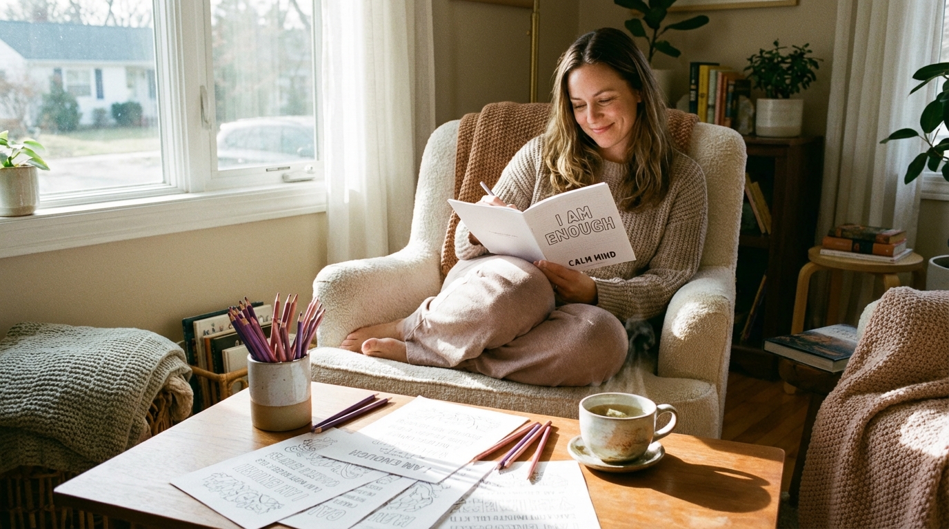 Woman relaxing while coloring affirmation pages